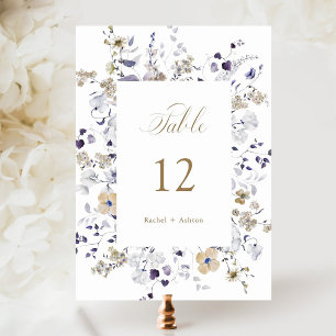Romantic Purple White Gold Floral Wedding Table Number