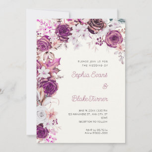 Romantic Purple & White Roses White Cream Wedding Invitation