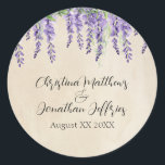 Romantic Purple Wisteria on Rustic Parchment Classic Round Sticker<br><div class="desc">These vintage style,  romantic wedding stickers feature a rustic parchment paper design with watercolor purple wisteria flowers.  A delicate floral vine of wisteria and greenery is pictured on the top.</div>