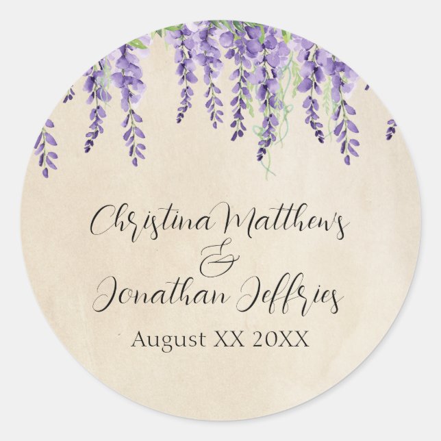Romantic Purple Wisteria on Rustic Parchment Classic Round Sticker (Front)
