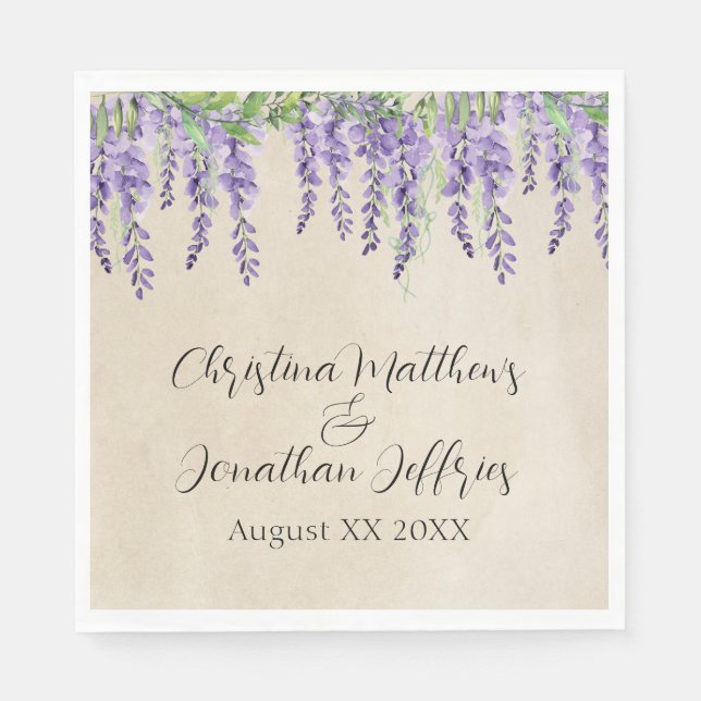 Romantic Purple Wisteria on Rustic Parchment Napkin (Front)