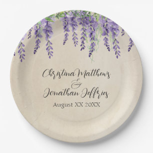 Romantic Purple Wisteria on Rustic Parchment Paper Plate