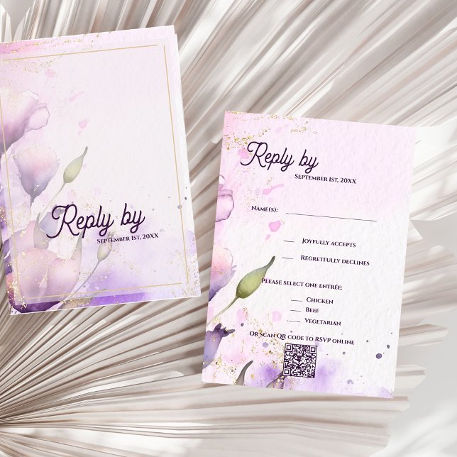 Romantic QR Code Lavender Gold Floral Wedding  RSVP Card (Romantic QR Code Lavender Gold Floral Wedding RSVP Card)