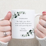 Romantic Quote Eucalyptus Personalised Coffee Mug<br><div class="desc">The Light You Shine Romantic Quote Personalised Eucalyptus Coffee Mug... The romantic inspirational saying on our custom design coffee mug reads "The light you shine upon my life brightens with each passing year" in trendy serif typography. Bordering this text are watercolor eucalyptus branches in shades of emerald and sage green....</div>