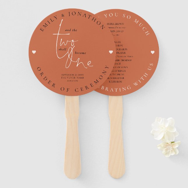 Romantic Quote Hearts Terracotta Wedding Program Hand Fan (Front and Back)