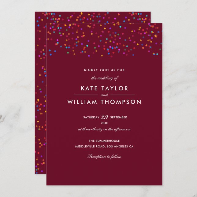 Romantic Rainbow Confetti Burgundy Wedding Invitation (Front/Back)