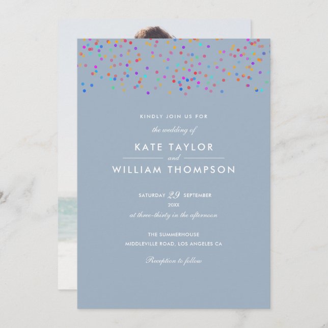 Romantic Rainbow Confetti Dusty Blue Photo Wedding Invitation (Front/Back)