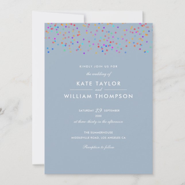 Romantic Rainbow Confetti Dusty Blue Wedding Invitation (Front)
