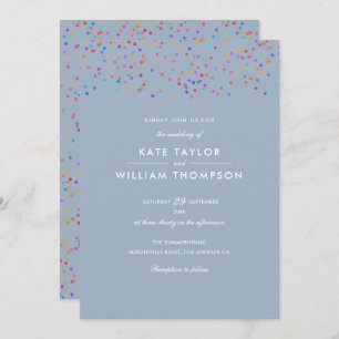 Romantic Rainbow Confetti Dusty Blue Wedding Invitation