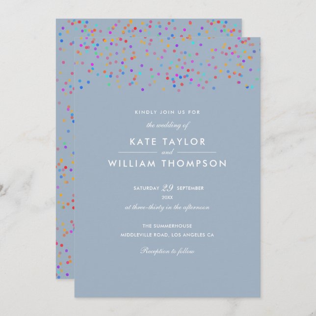 Romantic Rainbow Confetti Dusty Blue Wedding Invitation (Front/Back)