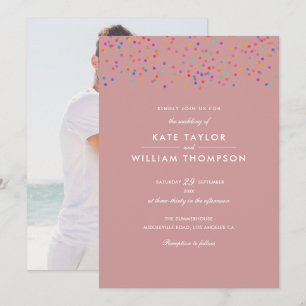 Romantic Rainbow Confetti Dusty Rose Photo Wedding Invitation
