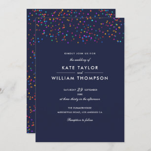 Romantic Rainbow Confetti Navy Blue Wedding Invitation
