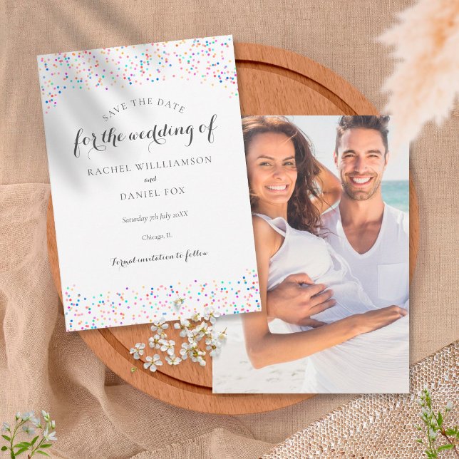 Romantic Rainbow Confetti Photo Save The Date (Creator Uploaded)