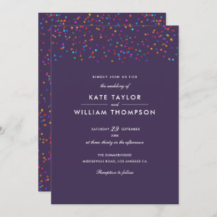 Romantic Rainbow Confetti Purple Wedding Invitation