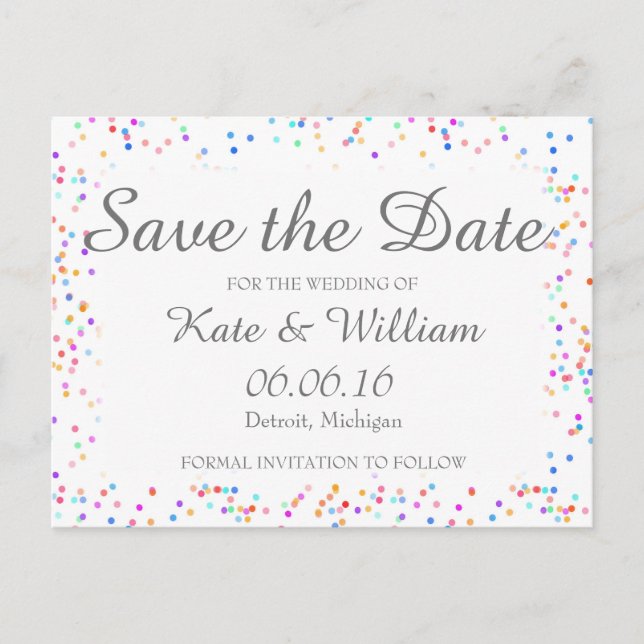 Romantic Rainbow Confetti Save the Date Announcement Postcard (Front)