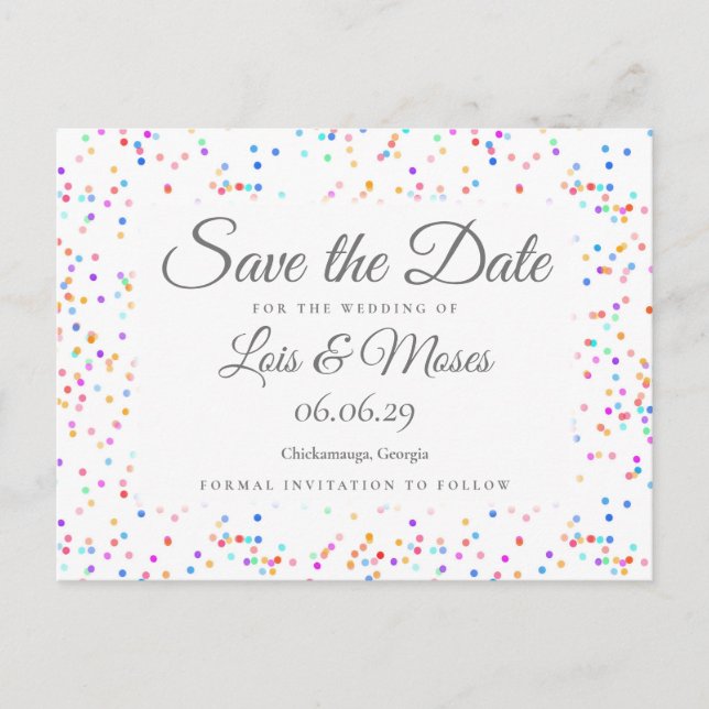 Romantic Rainbow Confetti Save the Date Announcement Postcard (Front)