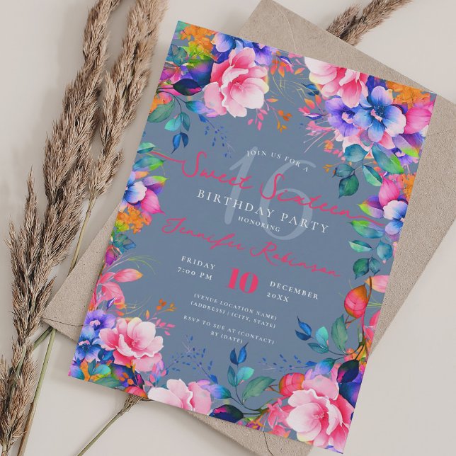 Romantic Rainbow Garden Floral Sweet 16 Dusty Blue Invitation (Romantic Rainbow Garden Floral Sweet 16 Dusty Blue Invitation)
