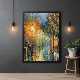 Romantic Rainy Evening Street Scene Impressionist  Poster