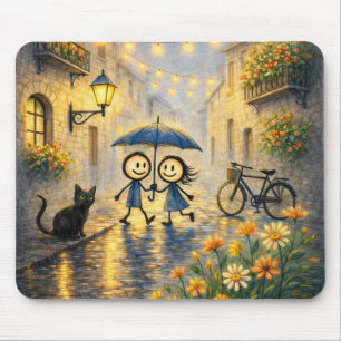 Romantic Rainy Street Couple Umbrella Mouse Pad