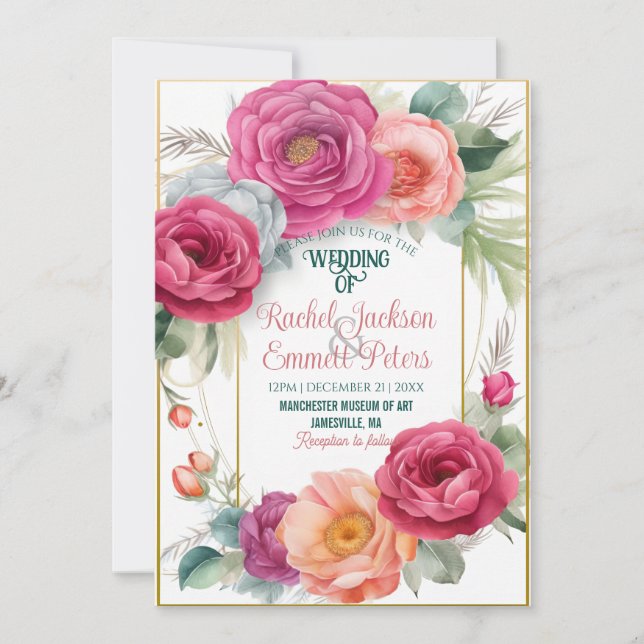 Romantic Ranunculus Wedding Floral Greenery Frame Invitation (Front)