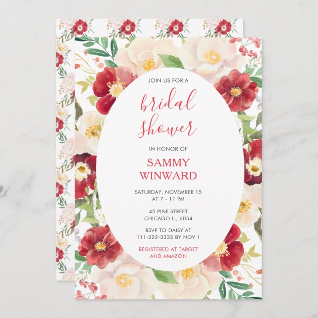 Romantic Red and Cream Flowers Bridal Shower Invitation (Front/Back)