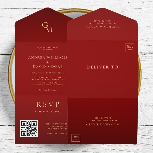 Romantic Red and Gold Monogram QR Code Wedding All In One Invitation (Creator Uploaded)