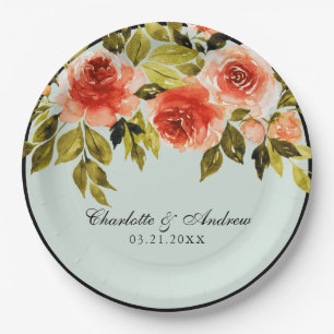 Romantic Red And Green Watercolor Floral Wedding Paper Plate