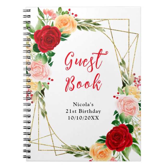 Romantic Red and Orange Roses Birthday Guest Book (Front)