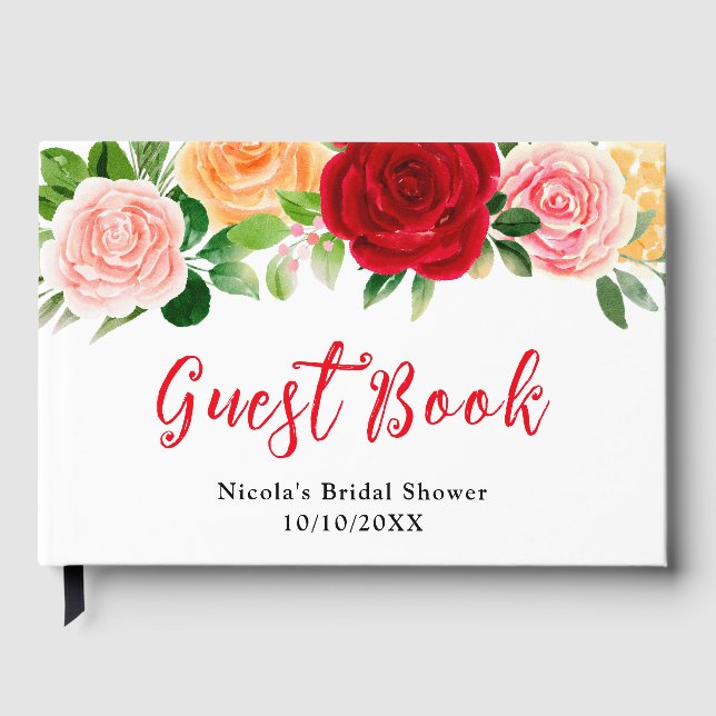 Romantic Red and Orange Roses Bridal Shower Guest Book (Front)