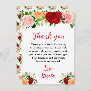 Romantic Red and Orange Roses Bridal Shower Thank You Card