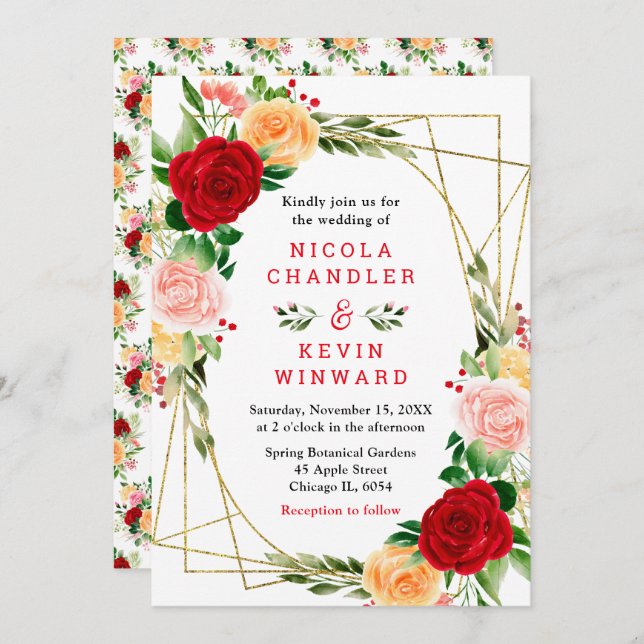 Romantic Red and Orange Roses Invitation (Front/Back)