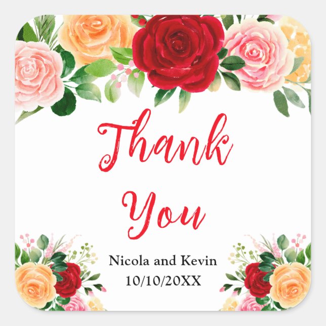 Romantic Red and Orange Roses Square Sticker (Front)