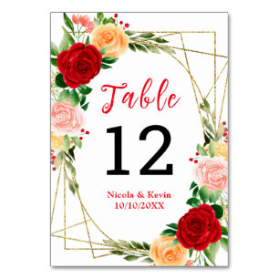Romantic Red and Orange Roses Table Number
