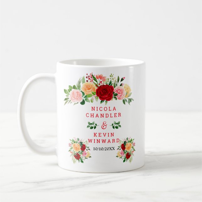Romantic Red and Orange Roses Wedding Coffee Mug (Left)