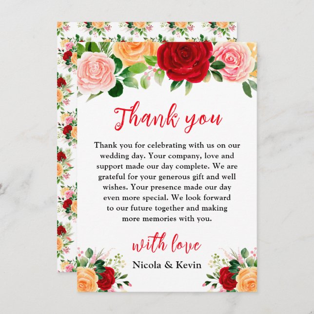 Romantic Red and Orange Roses Wedding Thank You Card (Front/Back)