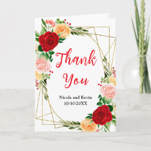 Romantic Red and Orange Roses Wedding Thank You Card