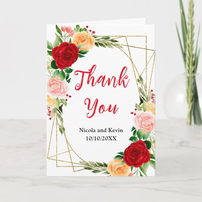 Romantic Red and Orange Roses Wedding Thank You Card (Front)