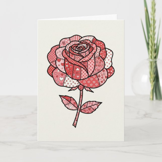 Romantic Red and Pink Patchwork Rose Illustration Card (Front)
