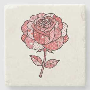 Romantic Red and Pink Patchwork Rose Illustration Stone Coaster