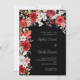 Romantic Red and White Roses Black Wedding Invitation