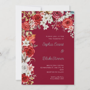 Romantic Red and White Roses Burgundy Wedding Invitation