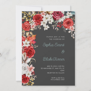 Romantic Red and White Roses Shadow Grey Wedding Invitation
