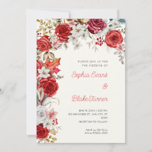 Romantic Red and White Roses White Cream Wedding Invitation