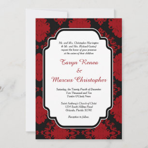 Romantic Red Black Damask 5x7 Wedding Invitation