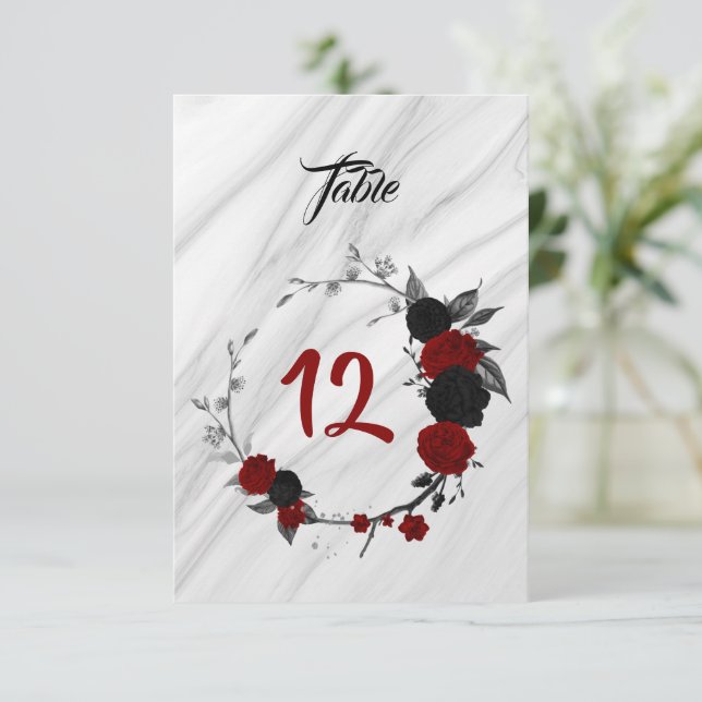 Romantic red & black floral wreath table number (Standing Front)