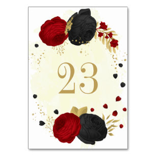 Romantic red & black flowers gold wedding table number