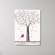 ROMANTIC RED BLACK INK HEART TREE WITH SWING