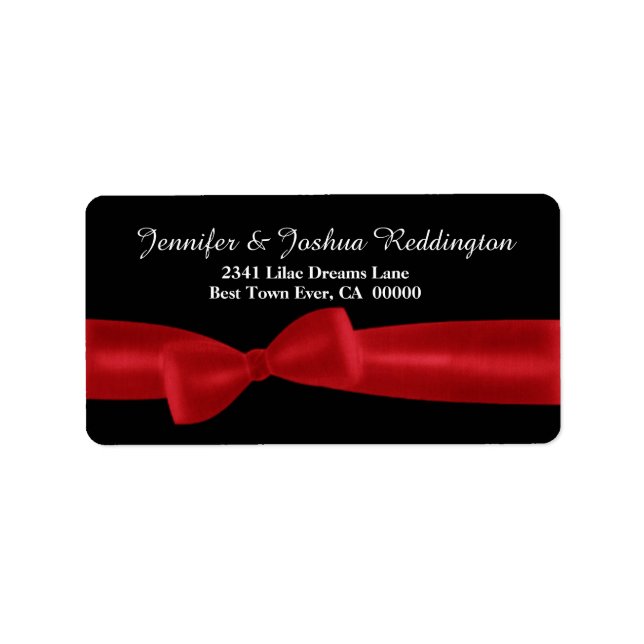 Romantic Red Bow on Black Background White Text Label (Front)