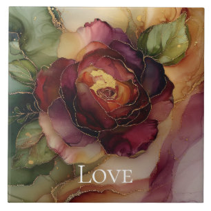 Romantic Red Burgundy Rose Gold Floral Ceramic Tile