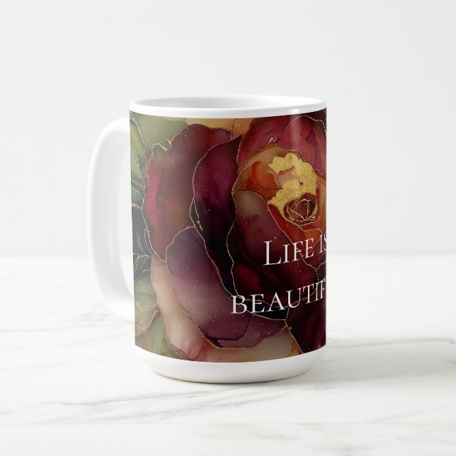 Romantic Red Burgundy Rose Gold Floral  Coffee Mug (Front Left)